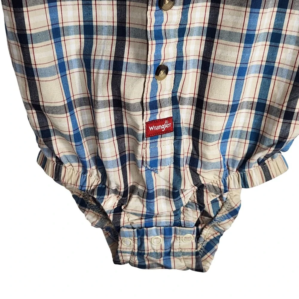 Wrangler Baby Plaid Western Shirt Bodysuit Romper 18 Month Blue Tan Short Sleeve